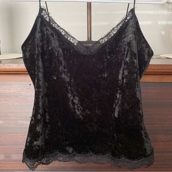 Guess Black Crushed Velvet & Lace Camisole Tank Top, Size Small - Picture 3 of 11
